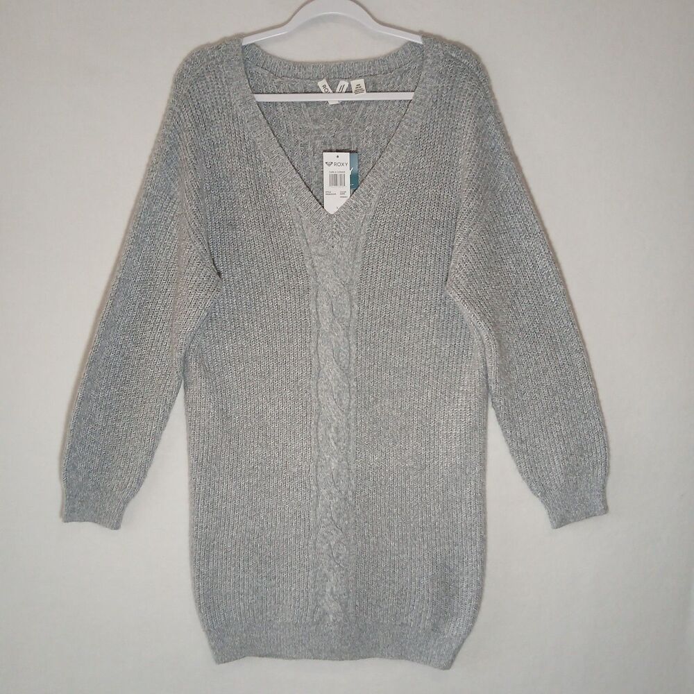 NEW $65 Roxy Cable Knit Tunic Sweater Dress Gray Boho Cozy Large Warm Cozy #1188